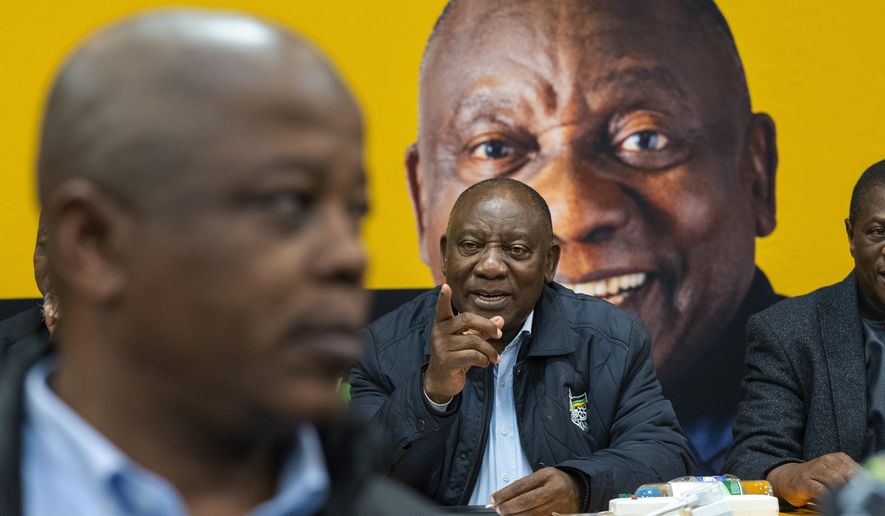 South African président Cyril Ramaphosa meets with senior officials of his African National Congress party during the ANC's National Executive Committee Thursday, June 6, 2024 in Johannesburg, South Africa. The ANC lost its long-held majority in last week's vote but remained the biggest party. An ANC spokesperson said Wednesday that it was now leaning toward a government of national unity that would bring together many of the political parties in a broad agreement, rather than a direct coalition with the main opposition, the Democratic Alliance. (AP Photo/Jerome Delay)