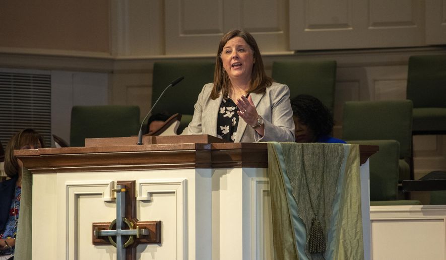 The Rev. Meredith Stone welcomes participants to the 2022 Baptist Women in Ministry Annual Gathering, June 28, 2022, at Wilshire Baptist Church, Dallas, Texas. The organization plans prayer gatherings in support of Baptist female pastors outside the Southern Baptist Convention’s annual meeting in Indianapolis June 11-12, 2024. (Baptist Women in Ministry, via AP)