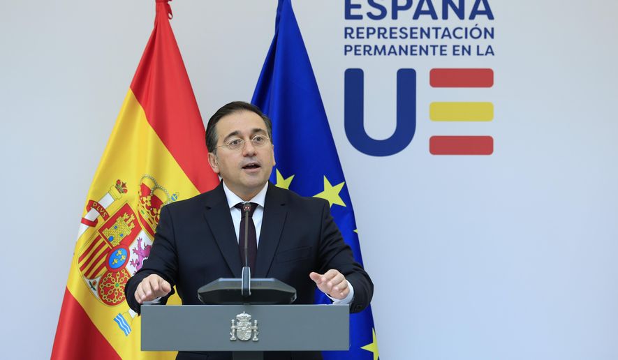 Spain's Foreign Minister Jose Manuel Albares Bueno addresses a media conference prior to talks on the Middle East in Brussels, on May 27, 2024. Spain says it will ask a United Nations court for permission to join South Africa’s case accusing Israel of genocide in Gaza. Spain is the first European country to take the step after South Africa filed its case with the International Court of Justice late last year. It alleged that Israel was breaching the genocide convention in its military assault that has laid waste to large swaths of Gaza. (AP Photo/Geert Vanden Wijngaert, File)