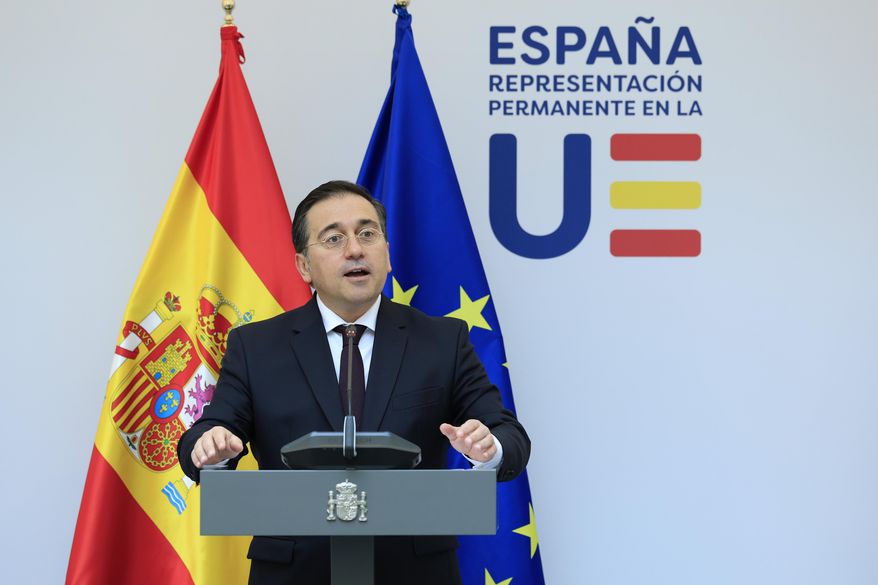 Spain's Foreign Minister Jose Manuel Albares Bueno addresses a media conference prior to talks on the Middle East in Brussels, on May 27, 2024. Spain says it will ask a United Nations court for permission to join South Africa’s case accusing Israel of genocide in Gaza. Spain is the first European country to take the step after South Africa filed its case with the International Court of Justice late last year. It alleged that Israel was breaching the genocide convention in its military assault that has laid waste to large swaths of Gaza. (AP Photo/Geert Vanden Wijngaert, File)
