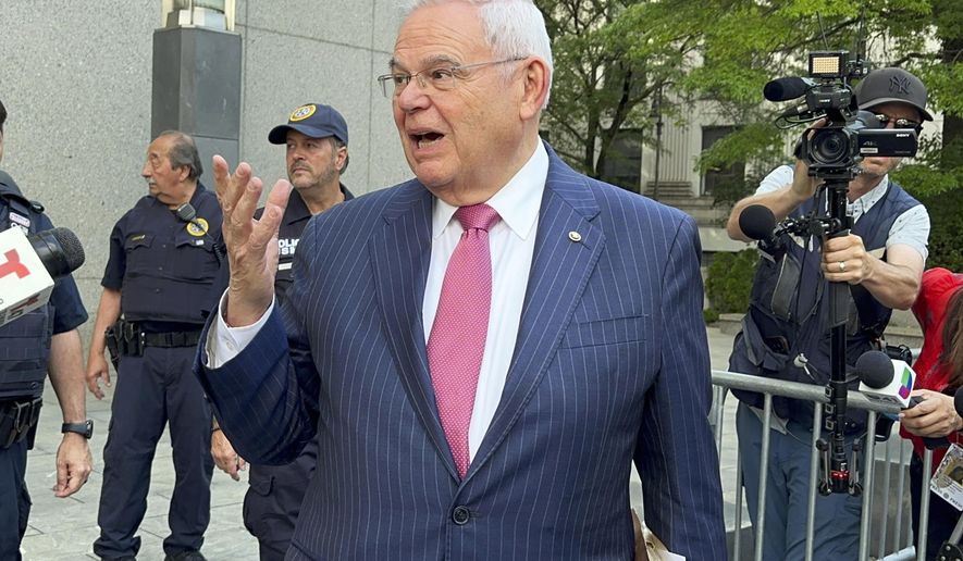 Sen. Bob Menendez, D-N.J., leaves federal court in New York, Friday, June 7, 2024. New Jersey businessman Jose Uribe, who pleaded guilty in the bribery case against Menendez, began testifying Friday as the key witness in the month-old trial in Manhattan. (AP Photo/Larry Neumeister)