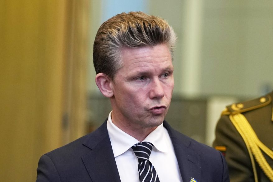 Sweden's Defense Minister Pal Jonson arrives for a meeting of the NATO-Ukraine Council at NATO headquarters in Brussels, on Oct. 11, 2023. Sweden’s defense chief has expressed alarm over Beijing’s repeated dangerous maneuvers against Philippine vessels in the disputed South China Sea, saying such actions threaten local and global security, undermine regional stability and underscore the need to invest "for our security and freedom." (AP Photo/Virginia Mayo, File)