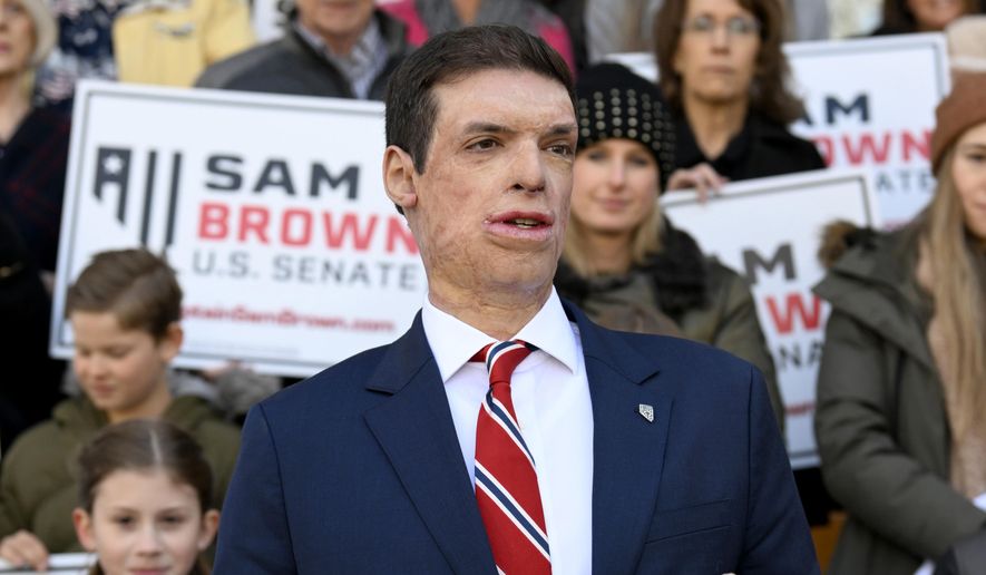Republican senatorial candidate Sam Brown speaks after filing his paperwork to run for the Senate, March 14, 2024, at the State Capitol in Carson City, Nev. Brown is seeking to replace incumbent U.S. Sen. Jacky Rosen. (AP Photo/Andy Barron) ** FILE **