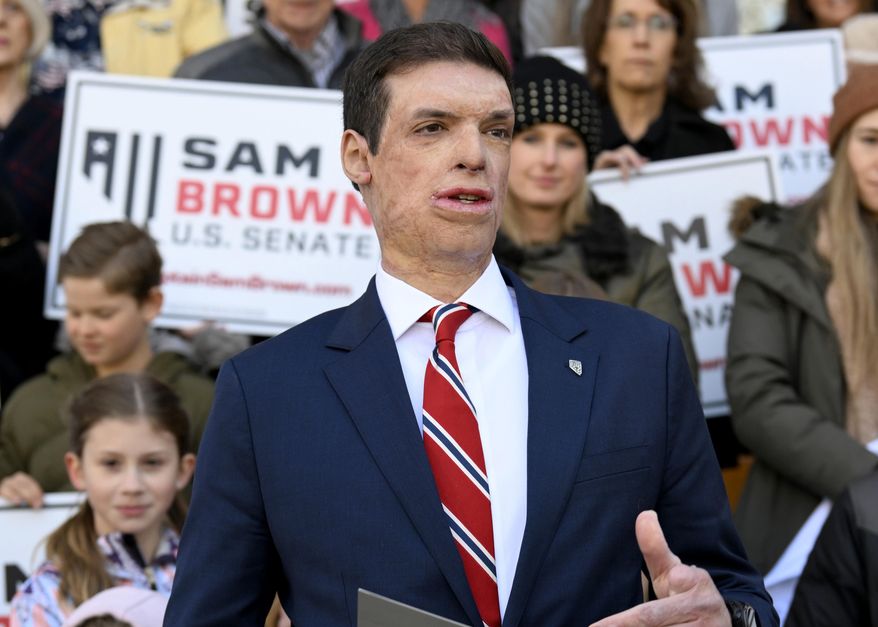 Republican senatorial candidate Sam Brown speaks after filing his paperwork to run for the Senate, March 14, 2024, at the State Capitol in Carson City, Nev. Brown is seeking to replace incumbent U.S. Sen. Jacky Rosen. (AP Photo/Andy Barron) ** FILE **
