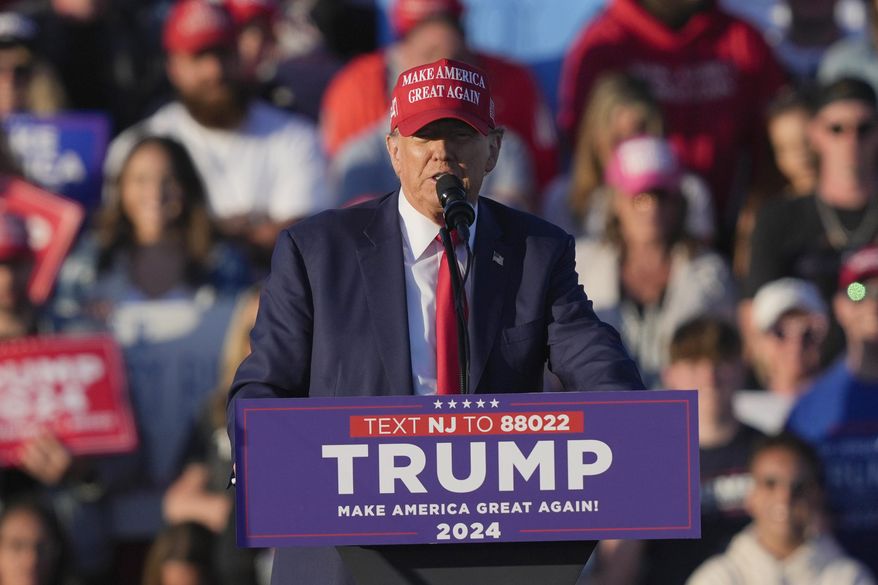 Republican presidential candidate former President Donald Trump speaks during his campaign rally in Wildwood, N.J., May 11, 2024. Trump's campaign is hiring extra medics, loading up on water bottles and allowing supporters to carry umbrellas to an outdoor rally in Las Vegas. Temperatures are expected to reach the triple digits Sunday as Trump courts voters in the battleground state. (AP Photo/Matt Rourke, File)
