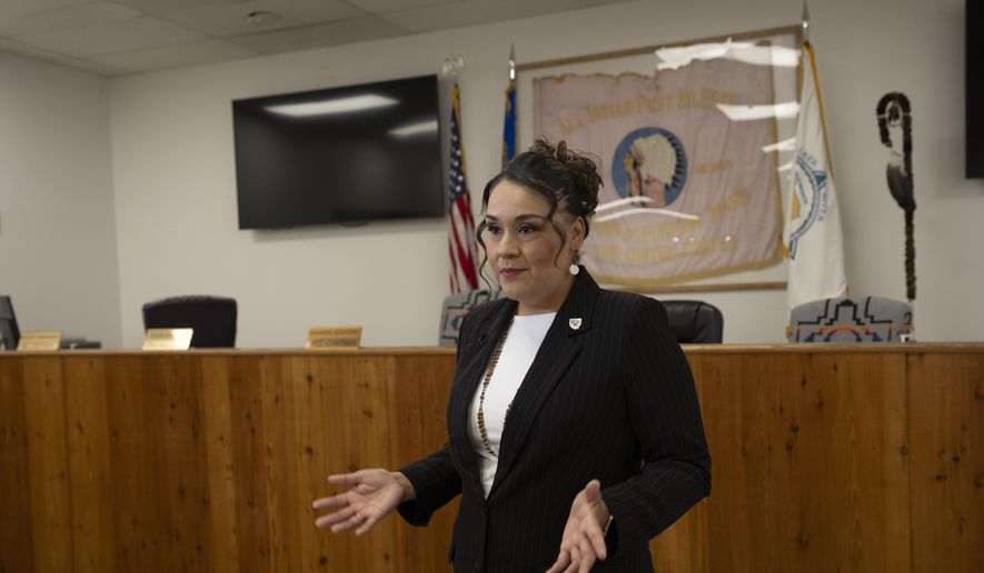 Andrea Martinez, chairwoman of the Walker River Paiute Tribe reservation speaks during an interview with The Associated Press at the Walker River reservation in Nev., Tuesday, May 14, 2024. The use of electronic balloting has been quietly expanding in recent years to cover the disabled and, in Nevada this year, Native American tribes. Election security experts are warning of the risk that ballots submitted on a computer can be digitally intercepted or manipulated. (AP Photo/Serkan Gurbuz)