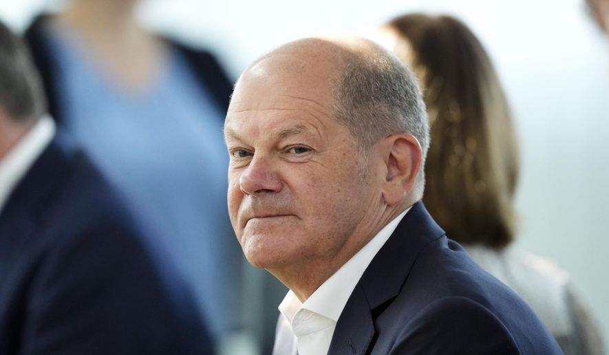German Chancellor Olaf Scholz attends a Social Democratic Party, SPD, board meeting the day after the European election at the party's headquarters in Berlin, Germany, Monday, June 10, 2024. (AP Photo/Markus Schreiber, Pool)