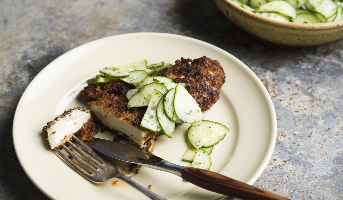 NextImg:Whole-grain Dijon gives pan-fried chicken cutlets bright, pleasantly sharp flavor