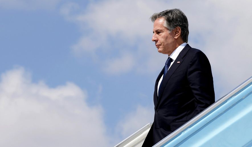 Secretary of State Antony Blinken disembarks from a plane in Tel Aviv, Oct. 16, 2023, from Jordan. Blinken is returning to the Middle East Monday, June 10, 2024, as a proposed Israel-Hamas cease-fire deal hangs in the balance following the dramatic rescue of four Israeli hostages held in Gaza in a major military raid. He will meet with Egyptian President Abdel Fattah el-Sissi in Cairo first before traveling on to Israel, Jordan and Qatar. (AP Photo/Jacquelyn Martin, Pool, File)