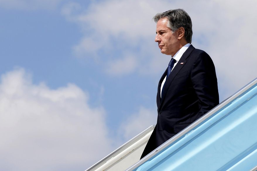 Secretary of State Antony Blinken disembarks from a plane in Tel Aviv, Oct. 16, 2023, from Jordan. Blinken is returning to the Middle East Monday, June 10, 2024, as a proposed Israel-Hamas cease-fire deal hangs in the balance following the dramatic rescue of four Israeli hostages held in Gaza in a major military raid. He will meet with Egyptian President Abdel Fattah el-Sissi in Cairo first before traveling on to Israel, Jordan and Qatar. (AP Photo/Jacquelyn Martin, Pool, File)