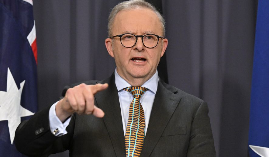 Australian Prime Minister Anthony Albanese speaks at a press conference at Parliament House in Canberra, Tuesday, June 11, 2024. China's Premier Li Qiang will visit Australia later this week, officials said, in a further indication that strained bilateral relations are improving. (Mick Tsikas/AAP Image via AP)