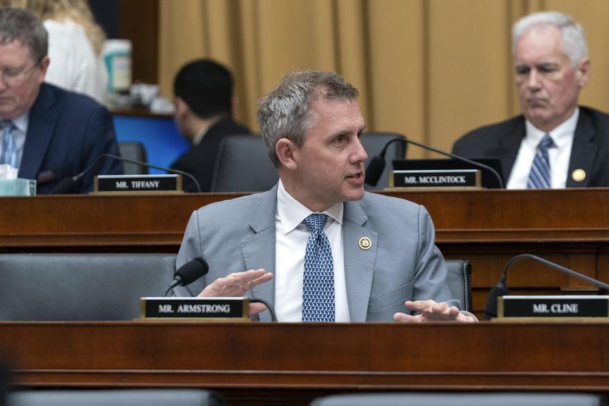 U.S. Rep. Kelly Armstrong, R-N.D., speaks during a House Judiciary Committee markup hearing, May 16, 2024, on Capitol Hill in Washington. North Dakota's Republican Gov. Doug Burgum, who is among those being considered by former President Donald Trump as a vice presidential pick, is not seeking a third term, and Armstrong and Lt. Gov. Tammy Miller are facing off in the Tuesday, June 11, 2024, primary in hopes of succeeding him. (AP Photo/Jose Luis Magana, File)