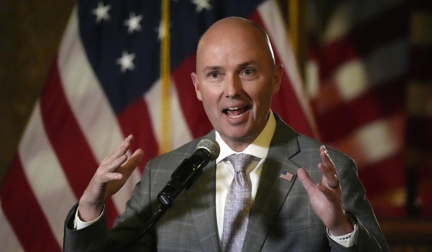 FILE - Utah Gov. Spencer Cox speaks during a news briefing, March 1, 2024, in Salt Lake City. Cox is set to dual on the debate stage, Tuesday, June 11, 2024, with his primary challenger, Phil Lyman. (AP Photo/Rick Bowmer, File)