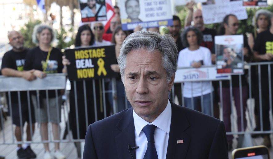 U.S. Secretary of State Antony Blinken speaks to the media as after meeting with families and supporters of Israelis held hostage by Hama in Gaza, during his visit to Tel Aviv, Israel, Tuesday, June 11, 2024. (Jack Guez, Pool Photo via AP)