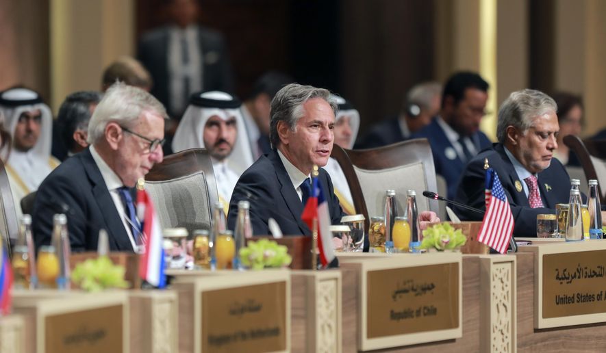 U.S. Secretary of State Antony Blinken attends the "Call for Action: Urgent Humanitarian Response for Gaza" conference, at the Dead Sea, Jordan, on Tuesday, June 11, 2024. (Alaa Al Sukhni/Pool Photo via AP)