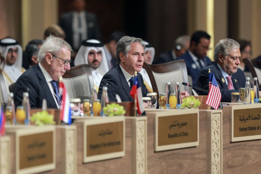 U.S. Secretary of State Antony Blinken attends the "Call for Action: Urgent Humanitarian Response for Gaza" conference, at the Dead Sea, Jordan, on Tuesday, June 11, 2024. (Alaa Al Sukhni/Pool Photo via AP)