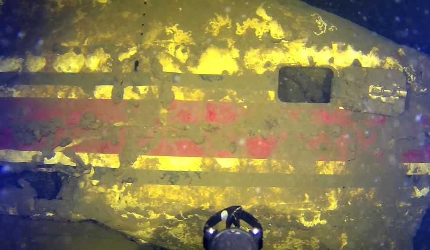 In this May 2024 image provided by Garry Kozak, remains of what experts believe to be is a 10-seat Jet Commander aircraft, rest on the floor of Lake Champlain off Juniper Island, Vt. Fifty-three years after a private plane carrying five men disappeared on a snowy Vermont night, experts believe they have found the wreckage of the long lost jet in Lake Champlain. The corporate jet disappeared shortly after departing the Burlington, Vt., airport for Providence, R.I., on Jan. 27, 1971. (Garry Kozak via AP)