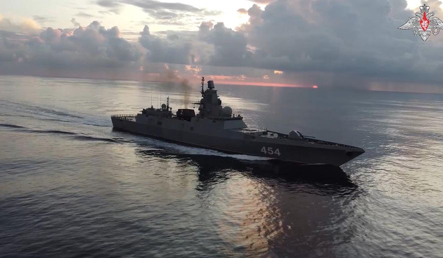 In this photo taken from video released by Russian Defense Ministry Press Service on Tuesday, June 11, 2024, the Russian navy's Admiral Gorshkov frigate is seen en route to Cuba. The Russian Defense Ministry said that the Admiral Gorshkov and the Kazan nuclear submarine held drills in the Atlantic simulating a missile strike on a group of enemy ships as they headed on a visit to Cuba. (Russian Defense Ministry Press Service photo via AP)