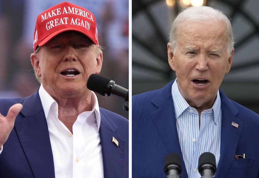 Republican presidential candidate, former President Donald Trump, left, speaks at a campaign rally in Las Vegas, June 9, 2024, and President Joe Biden speaks at White House in Washington, June 4, 2024. (AP Photo, File)