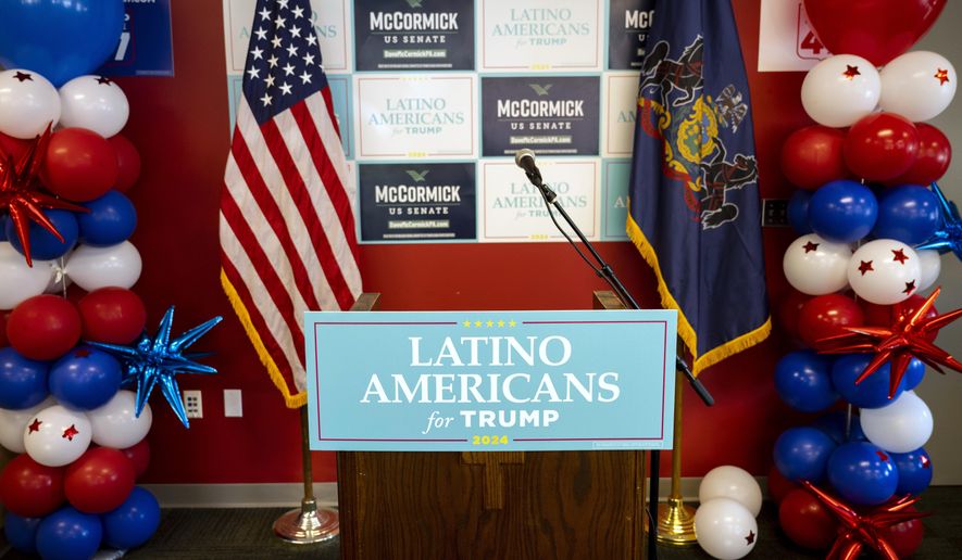 The "Latino Americans for Trump" office opens in Reading, Pa., Wednesday, June 12, 2024. (AP Photo/Joe Lamberti)