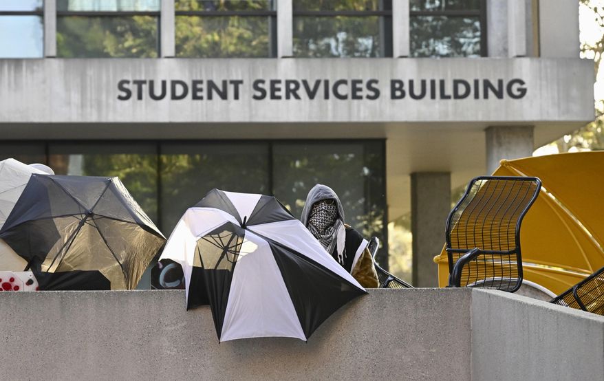 Pro-Palestinian student protesters barricade the entrance to the student services building while awaiting for their divestment demands of California State University, Los Angeles administration on the campus in Los Angeles on Wednesday, June 12, 2024. (Keith Birmingham/The Orange County Register via AP)