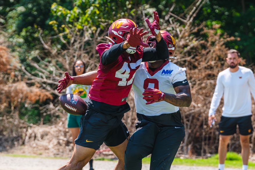 Washington Commanders line backer Keandre Jones (47) defends a pass intended for running back Brian Robinson Jr. (8) at Commanders mini camp at the OrthoVirginia Training Center at Commanders Park in Ashburn, Virginia, June 13, 2024. (Photo by Jordan Sabillo for Washington Times)