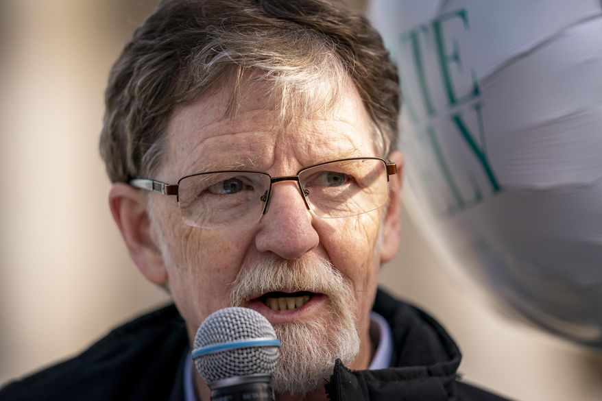 Jack Phillips, who's case was heard by the U.S. Supreme Court five years ago after he objected to designing a wedding cake for a gay couple, speaks to supporters outside the Supreme Court in Washington, Dec. 5, 2022. The Colorado Supreme Court will hear arguments Tuesday, June 18, 2024, in a lawsuit against Phillips, the Christian baker who refused to make a cake celebrating a gender transition, one of three such cases from the state that have involved LGBTQ+ civil rights and First Amendment rights. Two cases have centered Phillips. (AP Photo/Andrew Harnik, File)