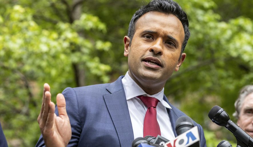 Vivek Ramaswamy speaks at a news conference across the street from the Manhattan criminal court, Tuesday, May 14, 2024, in New York. A New Hampshire man on trial for threatening the lives of presidential candidates last year has been found dead while a jury was deciding his verdict, according to court filings, Thursday, June 27, 2024. When Tyler Anderson of Dover was arrested, a spokesperson for then-Republican candidate Ramaswamy said that texts were directed at his campaign. (AP Photo/Stefan Jeremiah, File)