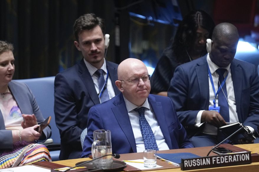Russian Ambassador to the U.N. Vassily Nebenzia listens to speakers during a Security Council meeting at United Nations headquarters, Friday, June 28, 2024. (AP Photo/Seth Wenig) ** FILE **