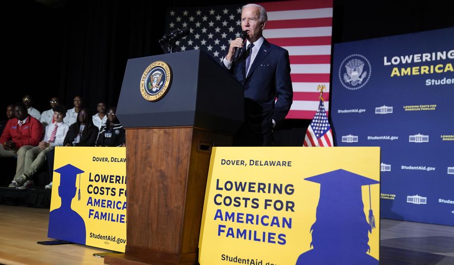 President Joe Biden speaks about student loan debt relief at Delaware State University, Oct. 21, 2022, in Dover, Del. A federal appeals court has allowed the U.S. Education Department to move ahead with a plan to lower monthly payments for millions of student loans borrowers. (AP Photo/Evan Vucci, File)