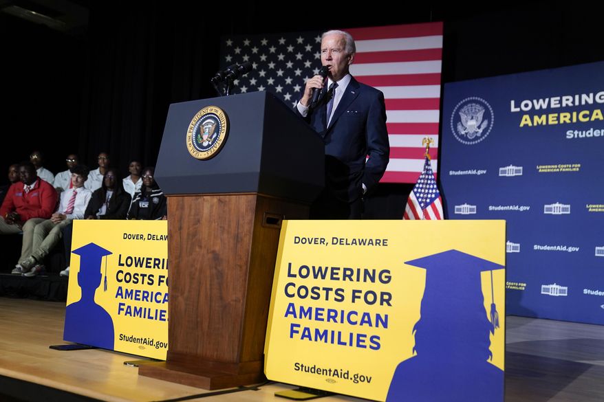 President Joe Biden speaks about student loan debt relief at Delaware State University, Oct. 21, 2022, in Dover, Del. A federal appeals court has allowed the U.S. Education Department to move ahead with a plan to lower monthly payments for millions of student loans borrowers. (AP Photo/Evan Vucci, File)