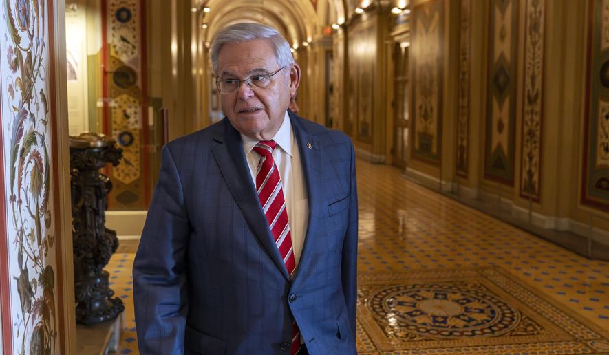 Sen. Bob Menendez, D-N.J., departs the Senate floor in the Capitol, Sept. 28, 2023, in Washington. (AP Photo/Alex Brandon, file)