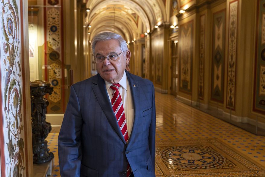 Sen. Bob Menendez, D-N.J., departs the Senate floor in the Capitol, Sept. 28, 2023, in Washington. (AP Photo/Alex Brandon, file)