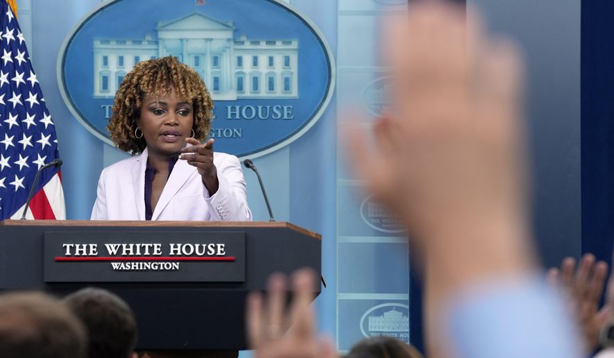 White House press secretary Karine Jean-Pierre takes questions during the daily briefing at the White House in Washington, Monday, July 8, 2024. (AP Photo/Susan Walsh)