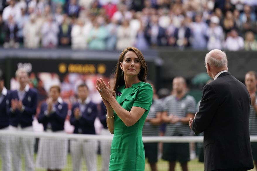 Britain's Kate, Princess of Wales looks on after Spain's Carlos Alcaraz beat Serbia's Novak Djokovic in the men's singles final on day fourteen of the Wimbledon tennis championships in London, Sunday, July 16, 2023. The Princess of Wales is set to attend the Wimbledon men’s final on Sunday, July 14, 2024 in a rare public appearance after her cancer diagnosis. Kensington Palace confirmed Saturday that Kate, wife of heir to the throne Prince William, will be in the Royal Box on Centre Court to watch defending champion Carlos Alcaraz play Novak Djokovic. (AP Photo/Alberto Pezzali, File)