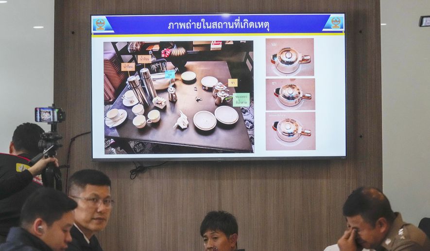 Thai police display pictures of evidence during a press conference at Lumpini police station in Bangkok, Thailand, Wednesday, July 17, 2024. The chief of the Thai police forensic division said Wednesday that police have found traces of cyanide in the cups of six people found dead in a central Bangkok luxury hotel. (AP Photo/Sakchai Lalit)