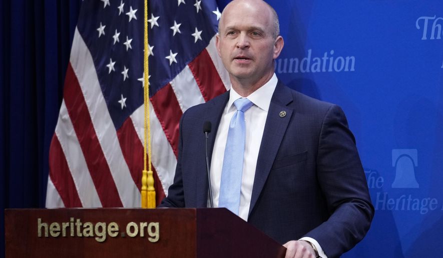 Kevin Roberts, president of The Heritage Foundation, speaks at the 2023 Margaret Thatcher Freedom Lecture in Washington on April 12, 2023. (AP Photo/J. Scott Applewhite) **FILE**