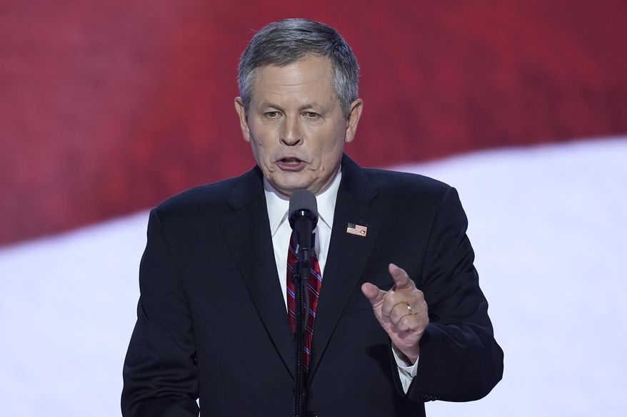 Sen. Steve Daines, R-MT., speaking on the final night of the Republican National Convention on Thursday, July 18, 2024, in Milwaukee. (AP Photo/J. Scott Applewhite)