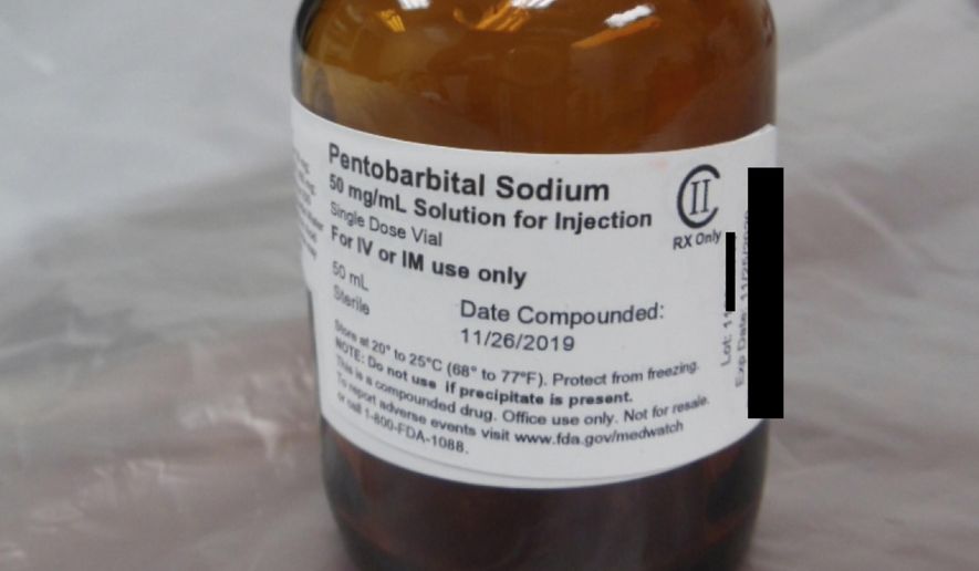 This photo provided by the U.S. Department of Justice shows a vial of pentobarbital used in the executions of two inmates in July 2020, according to court filings. Utah officials said Saturday, July 20, 2024 they are scrapping plans to use an untried lethal drug combination in the upcoming execution of a man convicted of murder, and will instead use pentobarbital. (Department of Justice via AP, File) (Department of Justice via AP, File)
