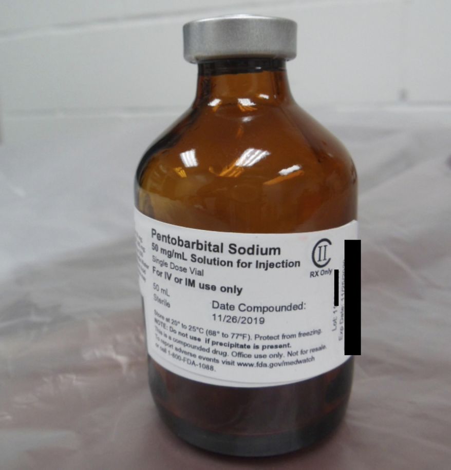 This photo provided by the U.S. Department of Justice shows a vial of pentobarbital used in the executions of two inmates in July 2020, according to court filings. Utah officials said Saturday, July 20, 2024 they are scrapping plans to use an untried lethal drug combination in the upcoming execution of a man convicted of murder, and will instead use pentobarbital. (Department of Justice via AP, File) (Department of Justice via AP, File)