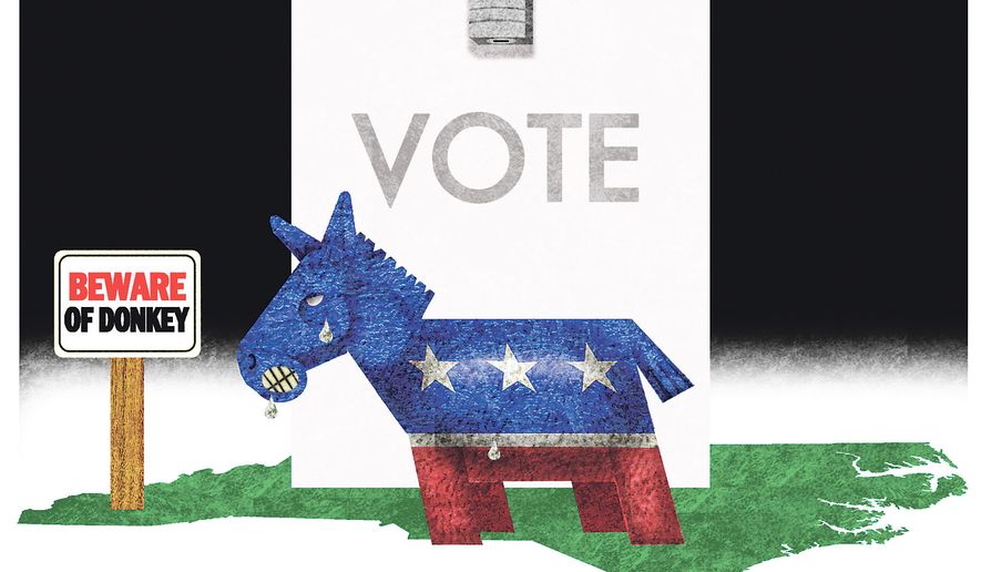 Democrats suppress the election voting in North Carolina illustration by Alexander Hunter/The Washington Times