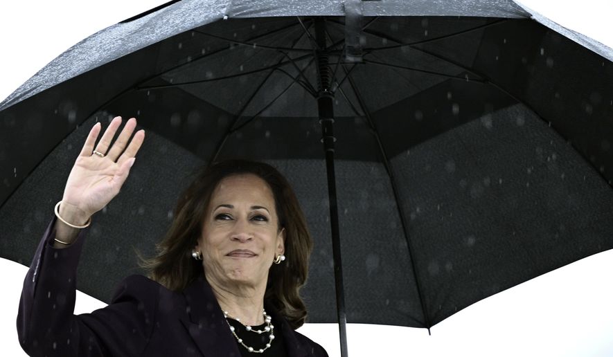 Vice President Kamala Harris boards Air Force Two as she departs from Ellington Airport in Houston, Thursday, July 25, 2024. Harris is returning to Washington, after delivering remarks at a teachers' union event. (Brendan Smialowski/Pool via AP)