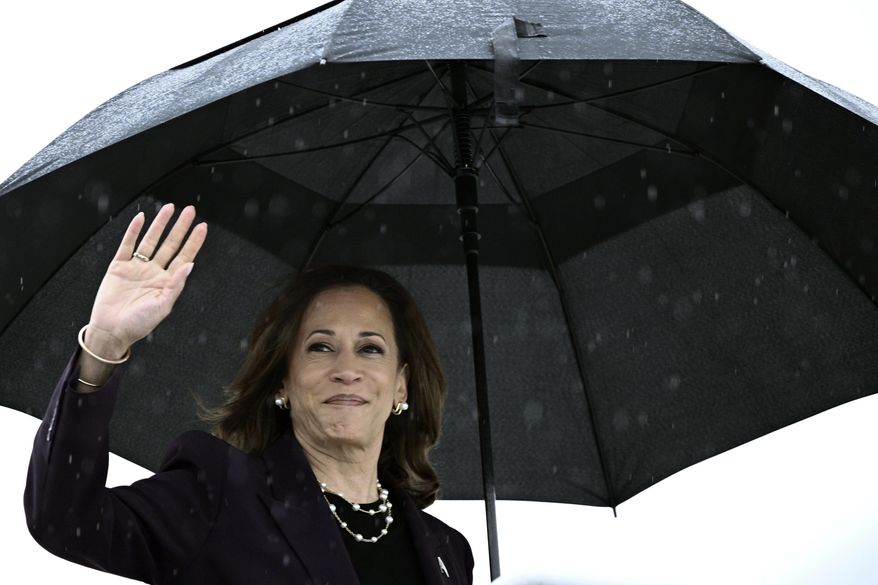 Vice President Kamala Harris boards Air Force Two as she departs from Ellington Airport in Houston, Thursday, July 25, 2024. Harris is returning to Washington, after delivering remarks at a teachers' union event. (Brendan Smialowski/Pool via AP)