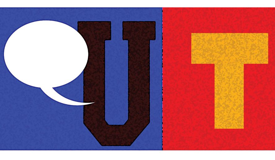 Universities speaking about Trump illustration by Alexander Hunter/The Washington Times