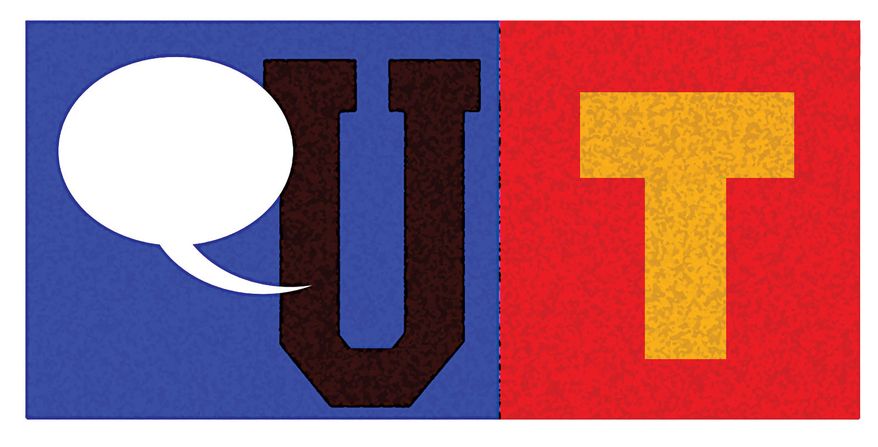 Universities speaking about Trump illustration by Alexander Hunter/The Washington Times