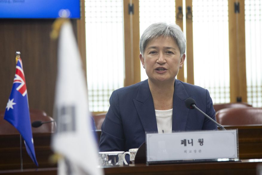 Australian Foreign Minister Penny Wong talks with South Korean Foreign Minister Cho Tae-yul during their meeting at the foreign ministry in Seoul, South Korea, Tuesday, July 30, 2024. (Jeon Heon-kyun/Pool Photo via AP)