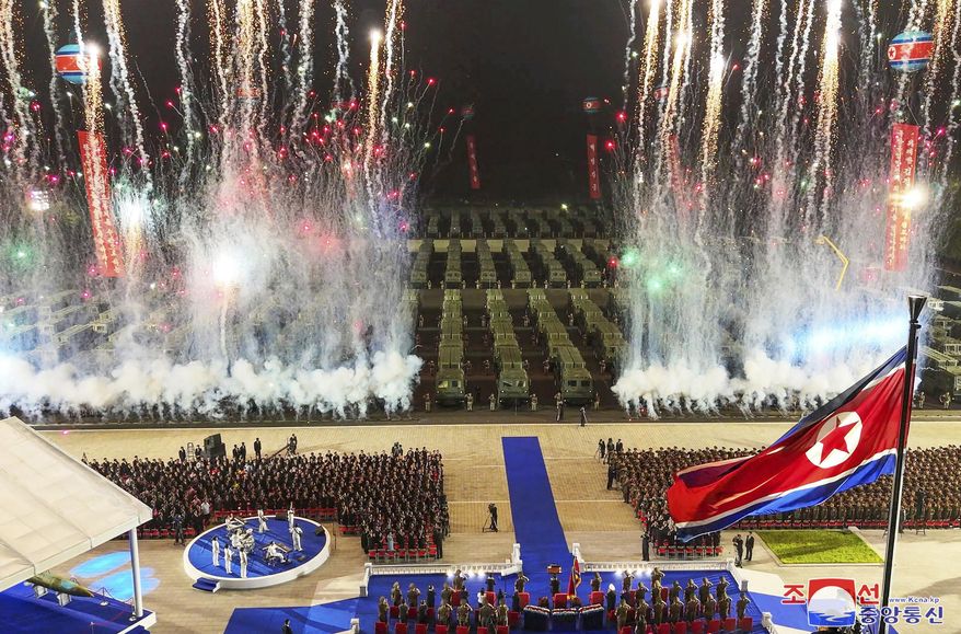 This photo provided by the North Korean government shows celebrations to mark the delivery of 250 nuclear-capable missile launchers to frontline military units, during a ceremony in Pyongyang, North Korea, Sunday, Aug. 4, 2024. Independent journalists were not given access to cover the event depicted in this image distributed by the North Korean government. The content of this image is as provided and cannot be independently verified. Korean language watermark on image as provided by source reads: "KCNA" which is the abbreviation for Korean Central News Agency. (Korean Central News Agency/Korea News Service via AP)