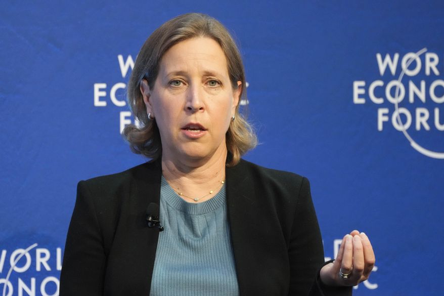 YouTube CEO Susan Wojcicki speakes during a conversation at the World Economic Forum in Davos, Switzerland, on May 24, 2022. Her husband. Dennis Troper said in a statement on social media late Friday, AUg. 9, 2024 that Wojcicki, who was 56, died after suffering with small cell lung cancer for the past two years. (AP Photo/Markus Schreiber)