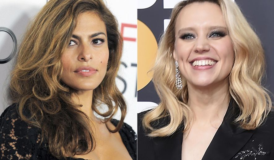 Actress Eva Mendes appears at the "Holy Motors" special screening as part of AFI Fest in Los Angeles on Nov. 3, 2012 , left, and Kate McKinnon appears at the 77th annual Golden Globe Awards on Jan. 5, 2020, in Beverly Hills, Calif. (AP Photo)