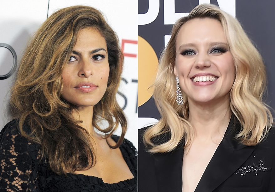 Actress Eva Mendes appears at the "Holy Motors" special screening as part of AFI Fest in Los Angeles on Nov. 3, 2012 , left, and Kate McKinnon appears at the 77th annual Golden Globe Awards on Jan. 5, 2020, in Beverly Hills, Calif. (AP Photo)